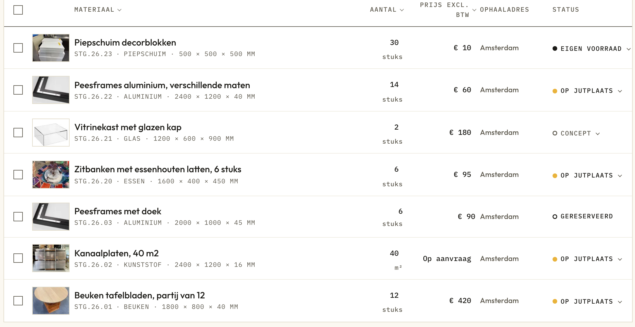 De werkbank van Mijn voorraad met een voorbeeldvoorraad: artikelen op Jutplaats, een concept en eigen voorraad
