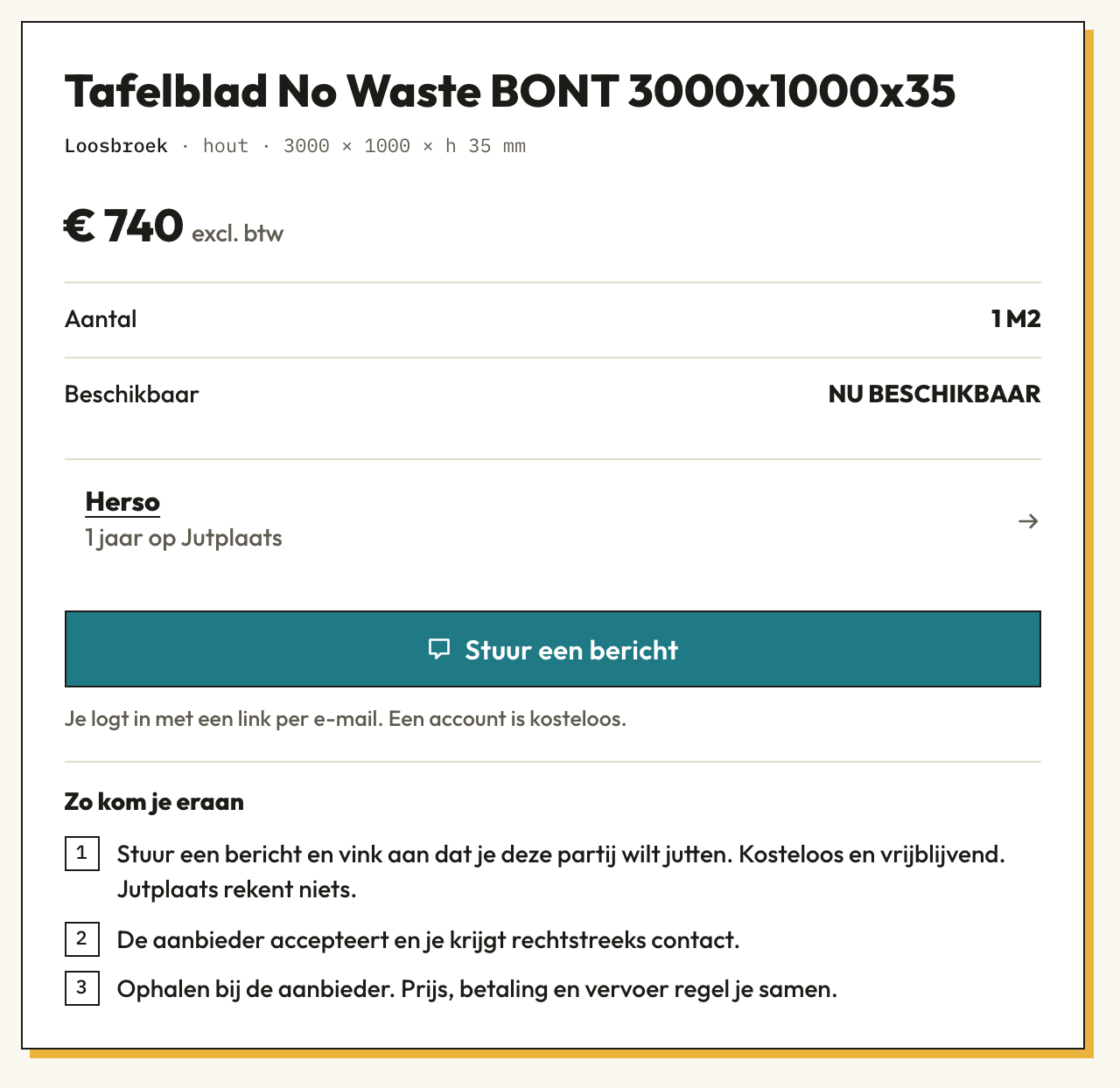 Het jut-blok op een vondstpagina met de knop Stuur een bericht en het stappenblok Zo kom je eraan